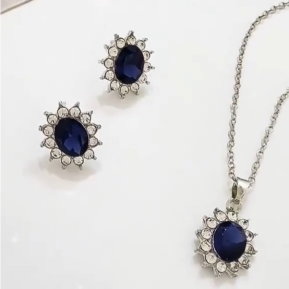 Blue Sapphire & Diamond Silver Tone Necklace and Stud Earrings Set - Picture 3 of 4